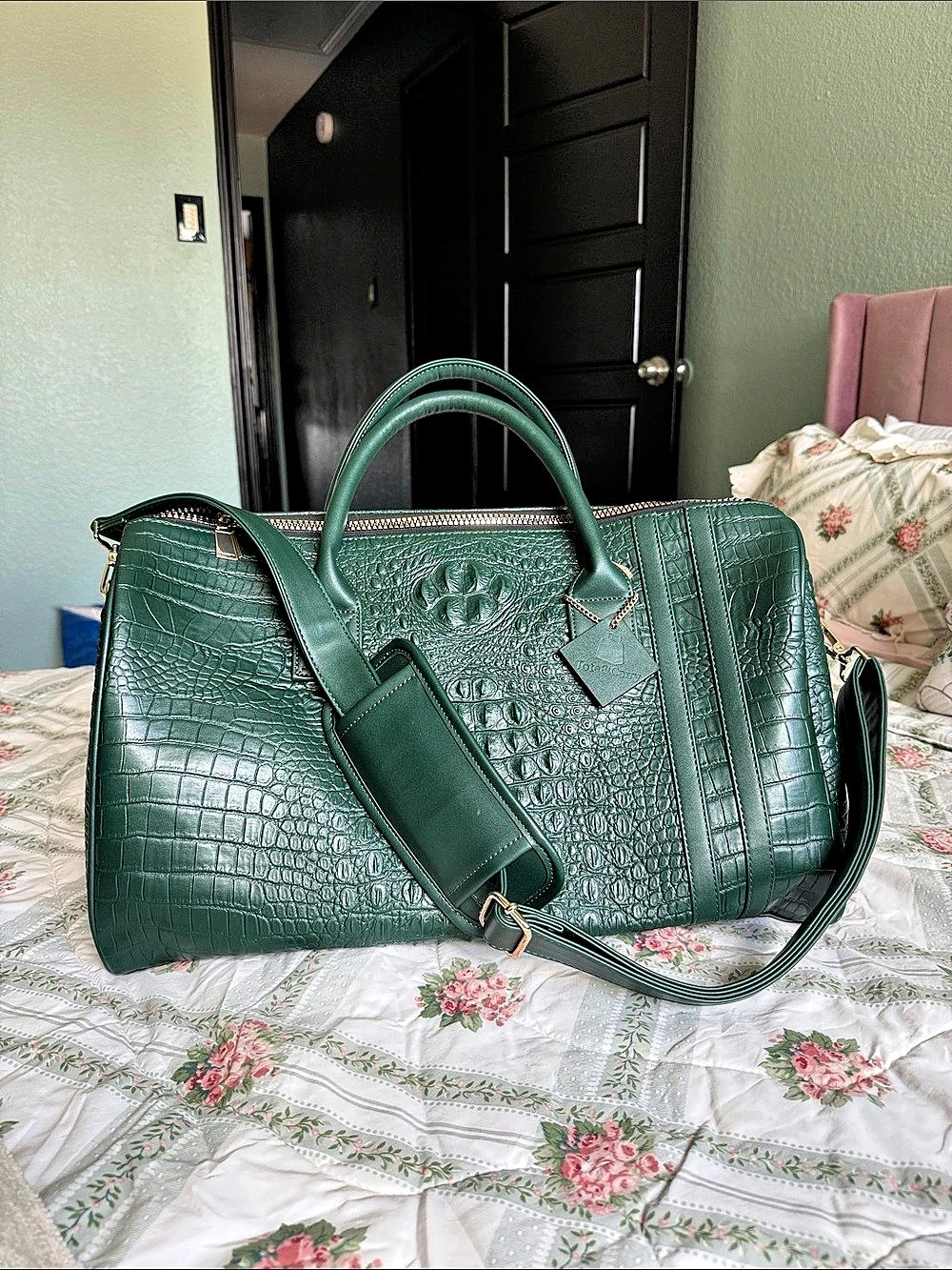 Tote&Carry Crocodile-Embossed Weekender in Emerald